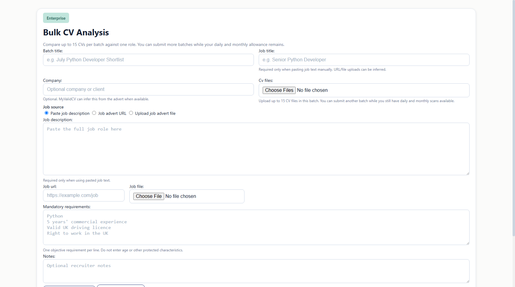 Enterprise bulk upload form for a vacancy and up to 15 applicant CVs